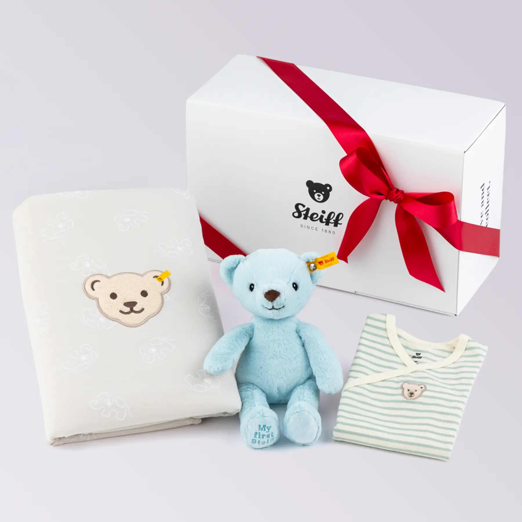 出産祝い ベビー3点セット（BOX入り）ブルー（ぬいぐるみ、ロンパース、ブランケット）